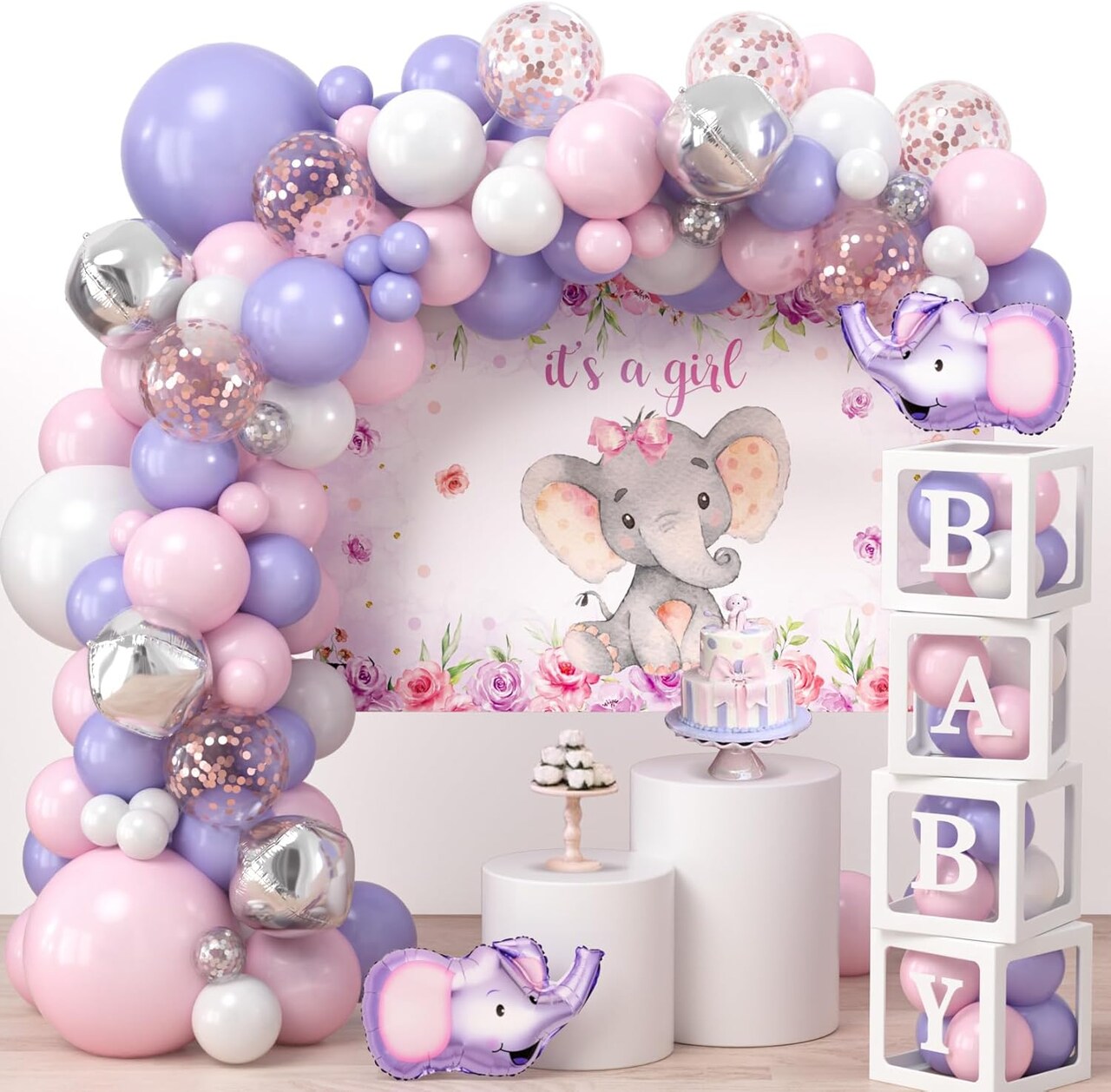 Elephant Baby Shower Decorations for Girl (Pink, Purple, White)